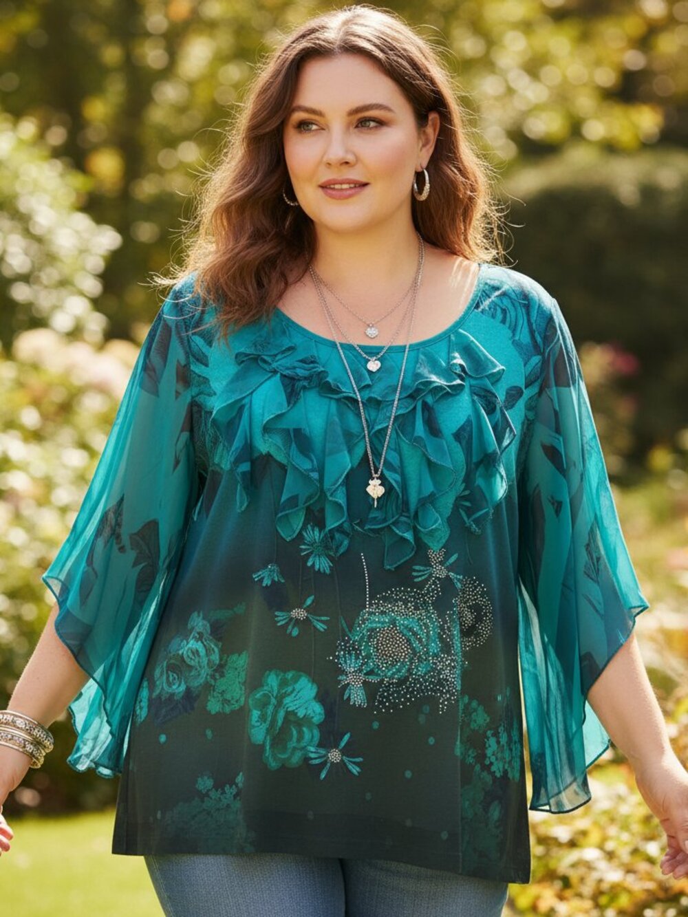 Dressbarn 1X Top Blouse‎ Green Teal Ruffle Beaded Short Sleeve Stretch Boho